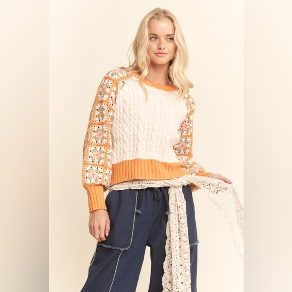 Crochet Sleeve Granny Square Cable Knit Sweater - Davi & Dani - Picture 7 of 7